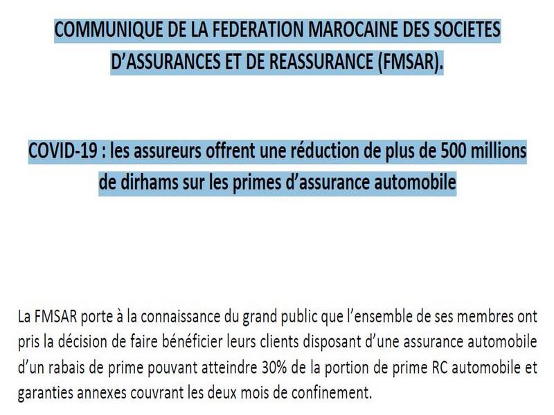 COMMUNIQUE DE LA FEDERATION MAROCAINE DES SOCIETES D’ASSURANCES ET DE REASSURANCE (FMSAR).