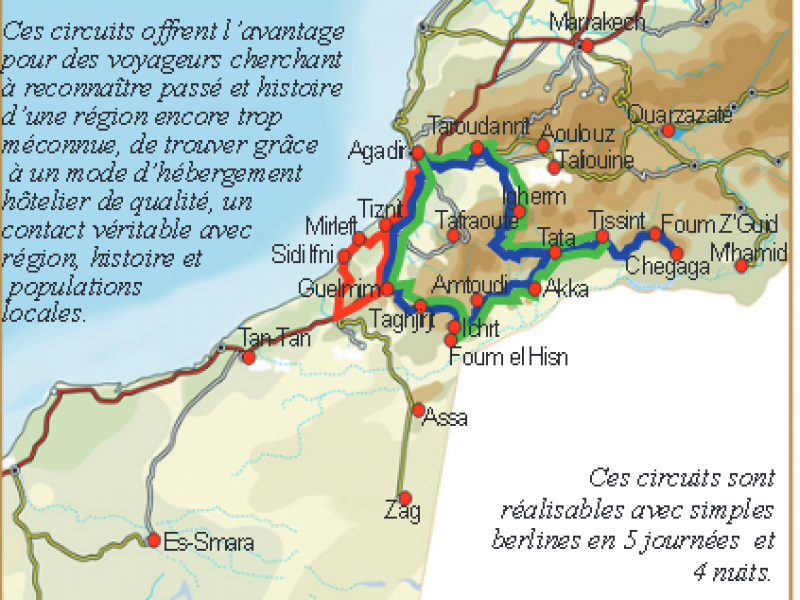Circuits touristiques grands voyageurs au départ de Guelmim et /ou Agadir, en établissements classés